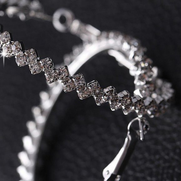 NEW 2'' Silver Round Diamond Hoop Earrings - Picture 6 of 9